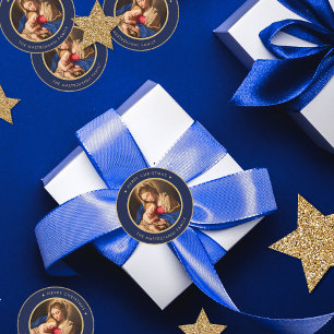 Religious Blue & Gold Madonna & Child Christmas Classic Round Sticker
