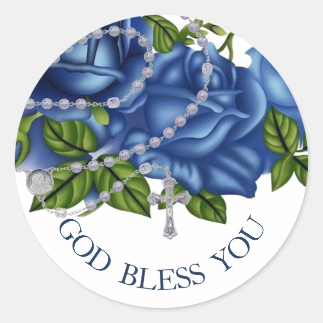 Religious Blue Roses Rosary Elegant Cross  Classic Round Sticker (Front)