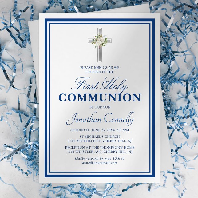 Religious Boy Silver Blue First Holy Communion Invitation (Creator Uploaded)