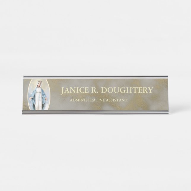 Religious Catholic Blessed Virgin Mother Mary Desk Name Plate (Front)