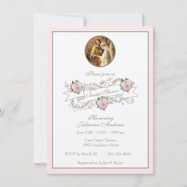 Religious Catholic Bridal Shower Pink Floral Gold  Invitation (Front)