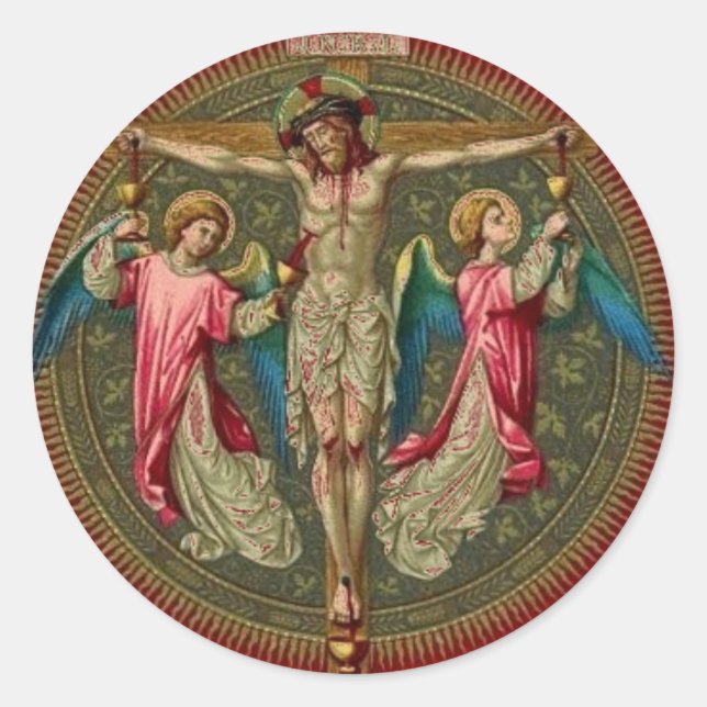 Religious Catholic Jesus Crucifixion Angels Classic Round Sticker (Front)
