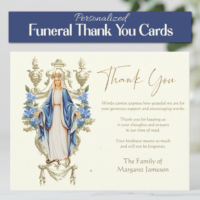 Religious Catholic Mary Funeral Memorial Service Thank You Card (Traditional Catholic Blessed Virgin Mary, Our Lady of Grace Funeral Thank you Condolence Cards)