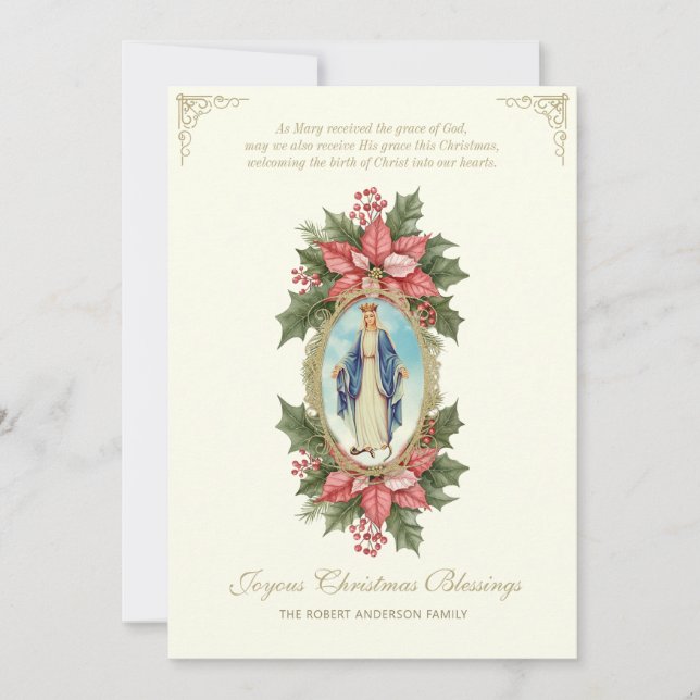 Religious Catholic Mother Mary Prayer Poinsettias Holiday Card (Front)