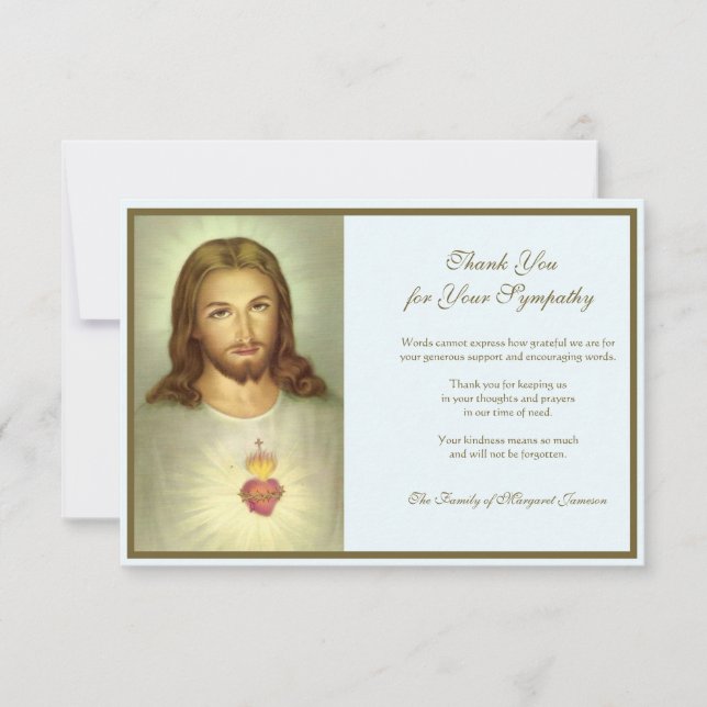 Religious Catholic Sacred Heart Jesus  Condolence Thank You Card (Front)