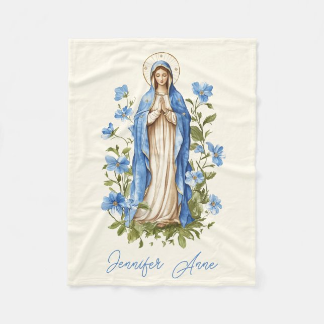 Religious Catholic Virgin Mary Blue Floral Fleece Blanket (Front)