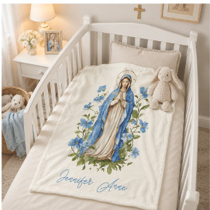 Religious Catholic Virgin Mary Blue Floral Fleece Blanket