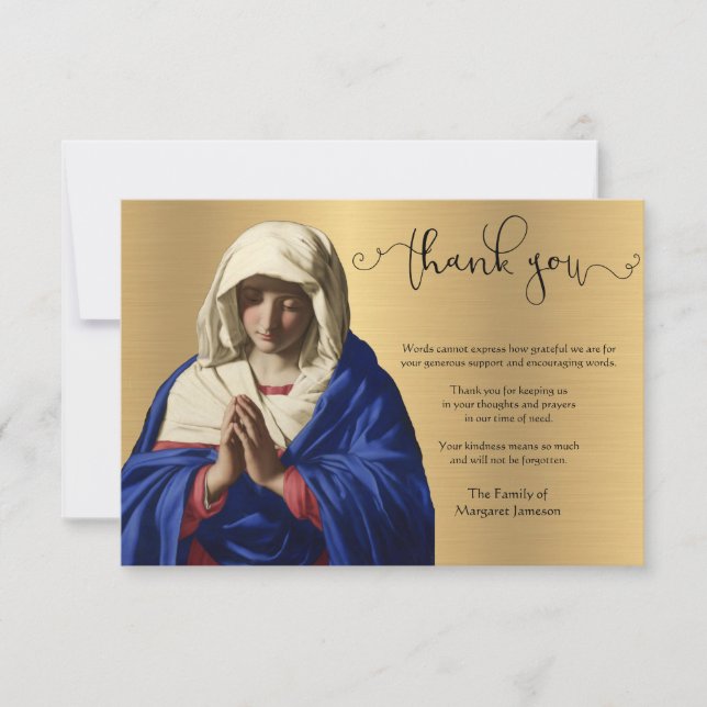 Religious Catholic Virgin Mary Condolence Gold Thank You Card (Front)