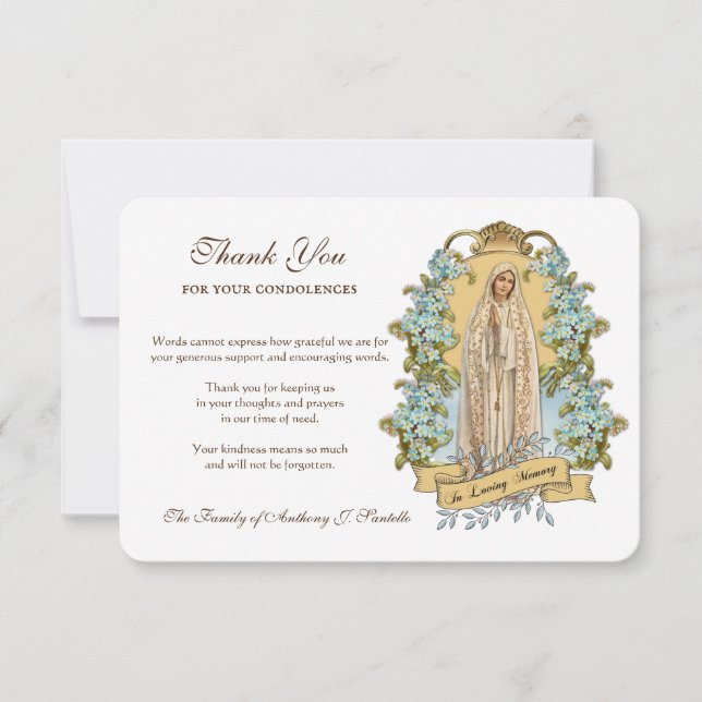 Religious Catholic Virgin Mary Floral Condolence T Thank You Card (Front)
