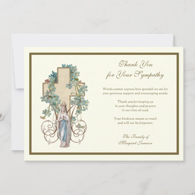 Religious Catholic Virgin Mary Floral Condolence   Thank You Card (Front)