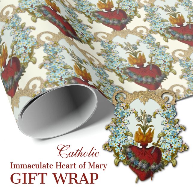 Religious Catholic Virgin Mary Immaculate Heart  Wrapping Paper (TRADITIONAL CATHOLIC IMMACULATE HEART OF MARY FLORAL GIFT WRAP FOR ALL OCCASIONS)