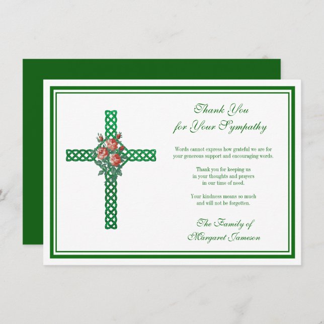 Religious Celtic Knotted Cross Roses Condolence Thank You Card (Front/Back)