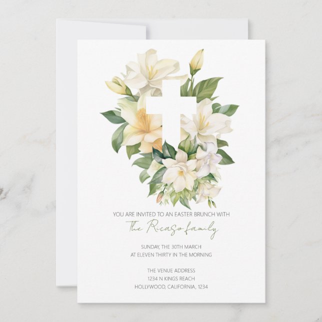 Religious Christian Cross Lily Easter Brunch Invitation (Front)