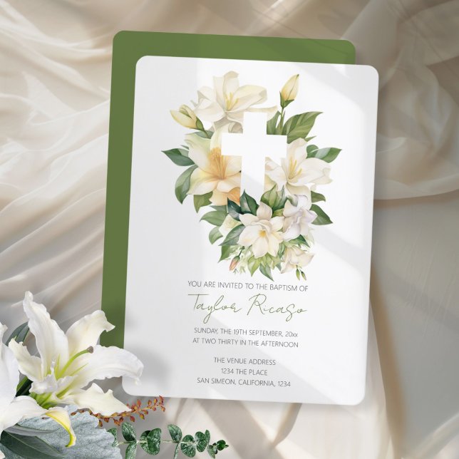 Religious Christian Cross Lily Foliage Baptism Invitation (Religious Christian Cross Lily Foliage Baptism Invitation by Ricaso Elegant christening announcement)