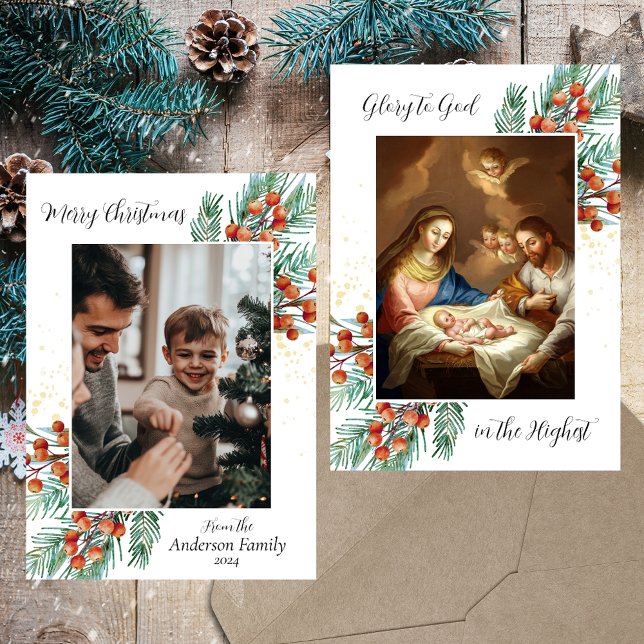 Religious Christian Family Photo Merry Christmas Holiday Card (Baroque Nativity Scene Religious Christian Catholic Christmas Green Holly Photo Holiday Card)