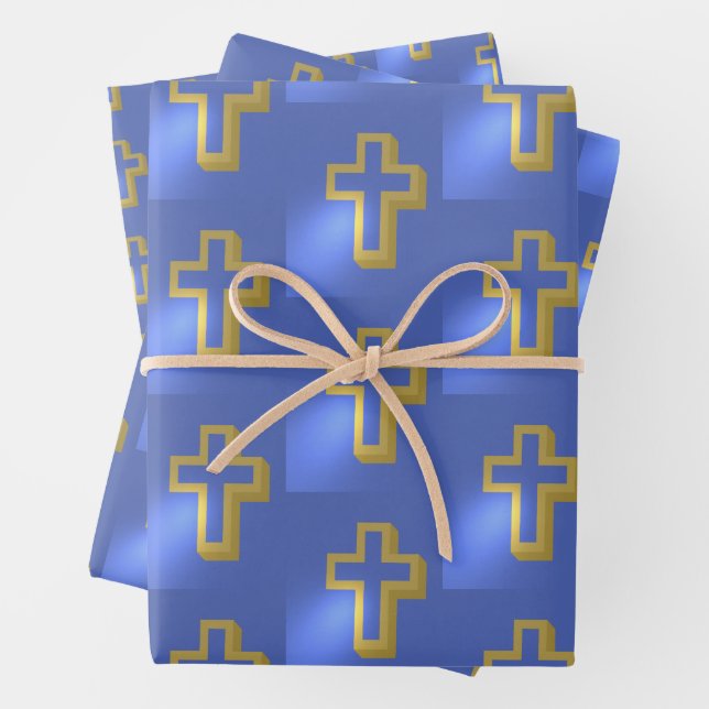 Religious Christian Golden Cross Lilac Blue Easter Wrapping Paper Sheet (In situ)