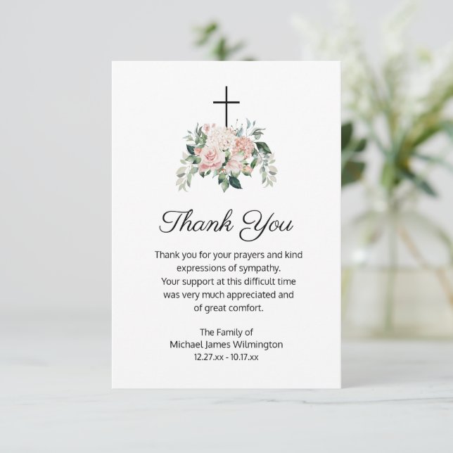 Religious Christian Pink Floral Funeral Thank You (Standing Front)