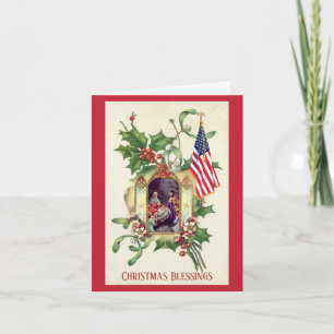 Religious Christmas American Flag Vintage Holiday Card