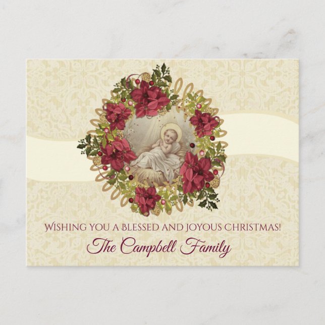 Religious Christmas Baby Jesus Floral Wreath Postcard (Front)