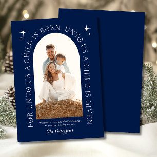 Religious Christmas Family Photo Minimalist Blue Holiday Card