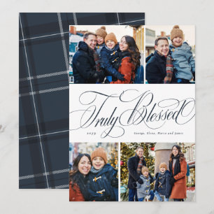 Religious Christmas four photo elegant navy Holiday Card