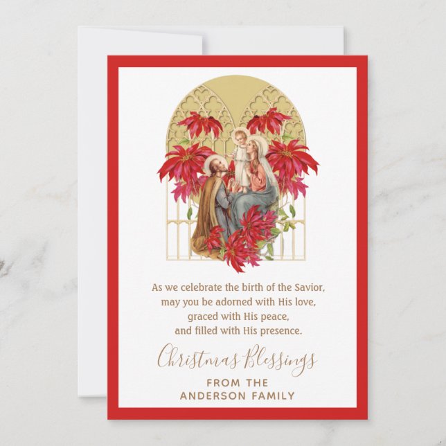 Religious Christmas Holy Family Poinsettia  Holiday Card (Front)