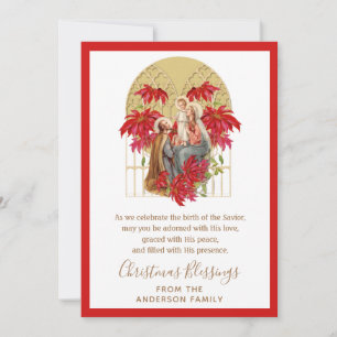 Religious Christmas Holy Family Poinsettia  Holiday Card
