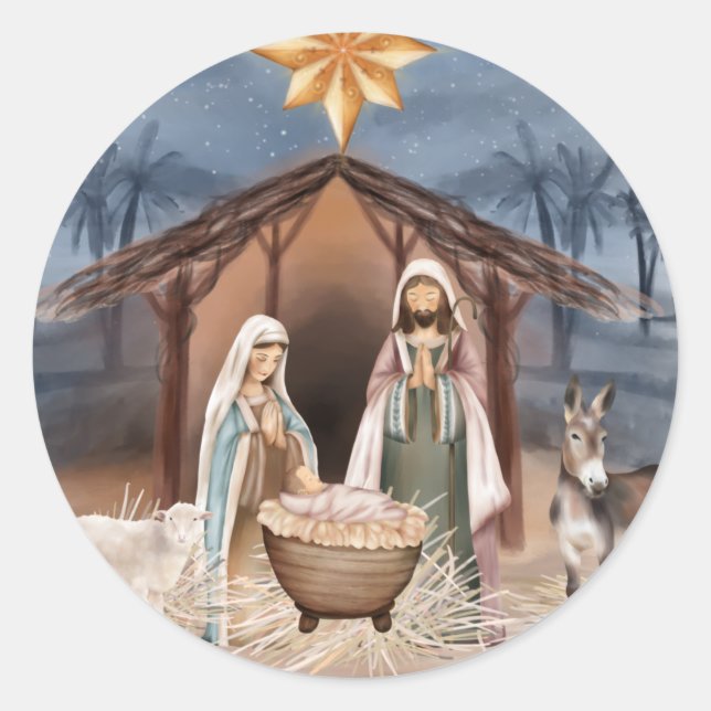 Religious Christmas Jesus Mary Joseph Watercolor Classic Round Sticker (Front)