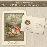 Religious Christmas Jesus Virgin Mary St Joseph  Holiday Card<br><div class="desc">This lovely Christmas card features a beautiful personalised Christmas traditional Catholic religious vintage print of Virgin Mary,  St. Joseph and angels gazing upon the Christ Child as He lie in the manger.  All text and fonts may be modified.</div>