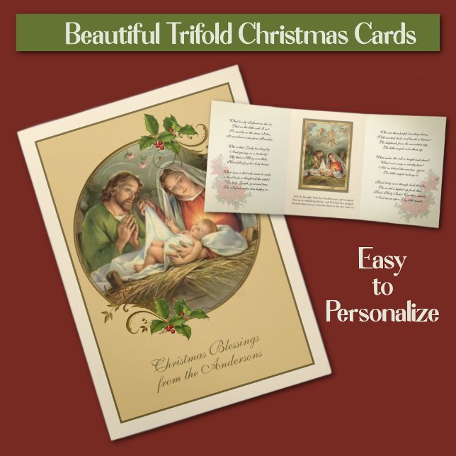 Religious Christmas Jesus Virgin Mary St Joseph    Tri-Fold Holiday Card (Traditional Religious Trifold Christmas Cards - Easy to personalize!)