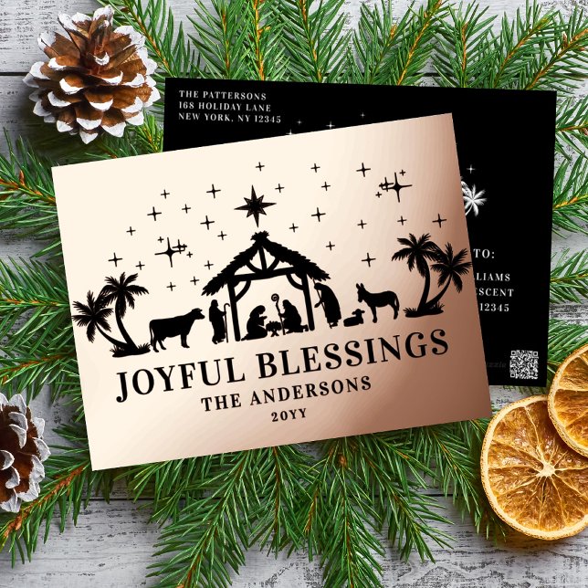 Religious Christmas Joyous Blessings Manger Holy Foil Holiday Postcard (Creator Uploaded)