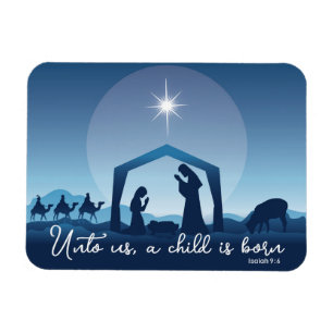 Religious Christmas Nativity Scene Blue Magnet