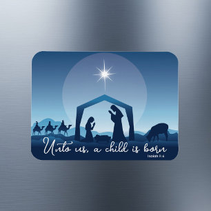 Religious Christmas Nativity Scene Blue Magnet