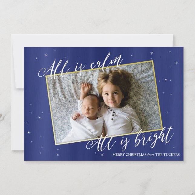 Religious Christmas Photo Card, Navy Blue Gold Holiday Card (Front)