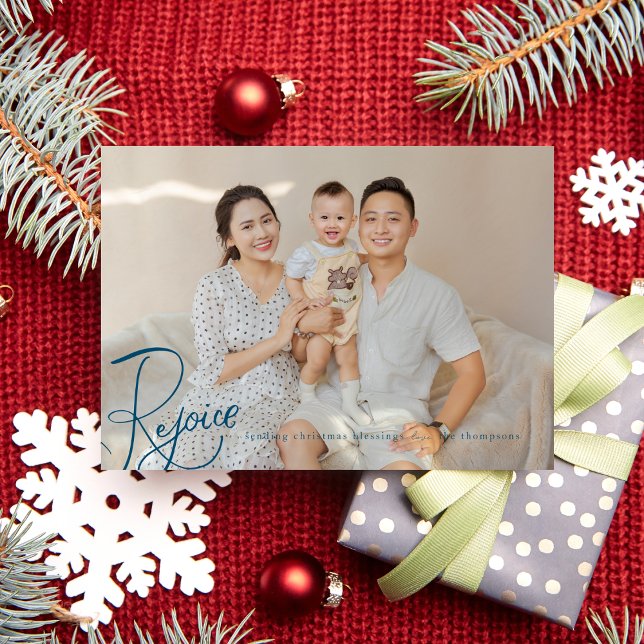 Religious Christmas Photo Card Rejoice Navy Blue (Creator Uploaded)