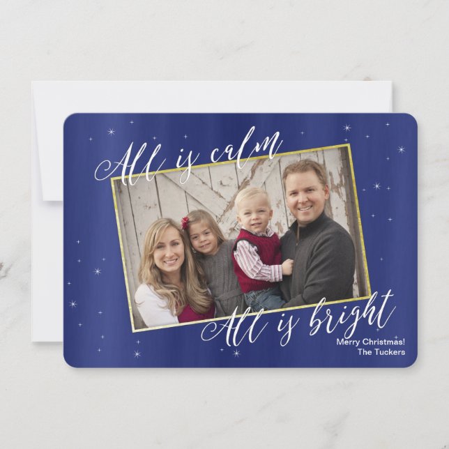 Religious Christmas Photo Navy Blue Gold Holiday Card (Front)
