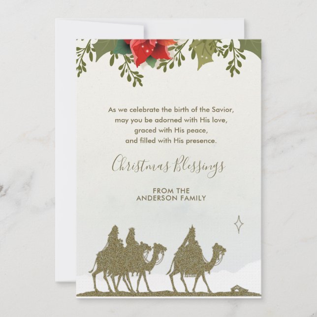 Religious Christmas Three Kings Poinsettia  Holiday Card (Front)