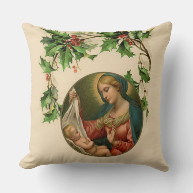 Religious Christmas Virgin Mary Baby Jesus Floral Cushion (Front)