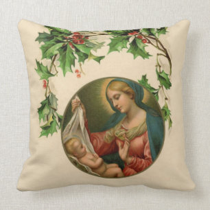 Religious Christmas Virgin Mary Baby Jesus Floral Cushion