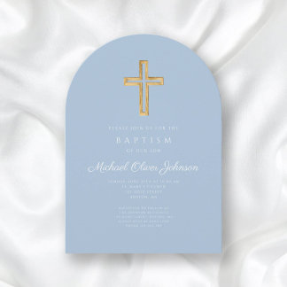 Religious Cross Baby Blue Script Boy Baptism Arch Invitation