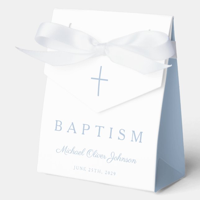 Religious Cross Baby Blue Script Boy Baptism  Favour Box (Front)