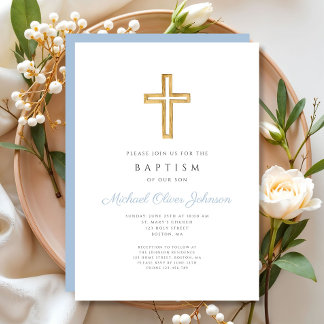 Religious Cross Baby Blue Script Boy Baptism Invitation