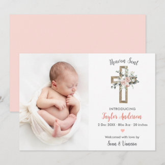 Religious Cross Birth Announcement Photo Card Pink
