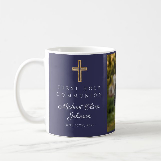 Religious Cross Blue Boy First Communion Photo Coffee Mug (Left)