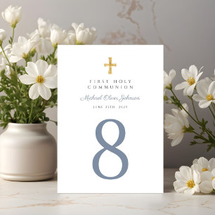 Religious Cross Blue Boy First Communion Table Number