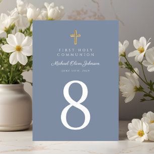 Religious Cross Blue Boy First Communion Table Number