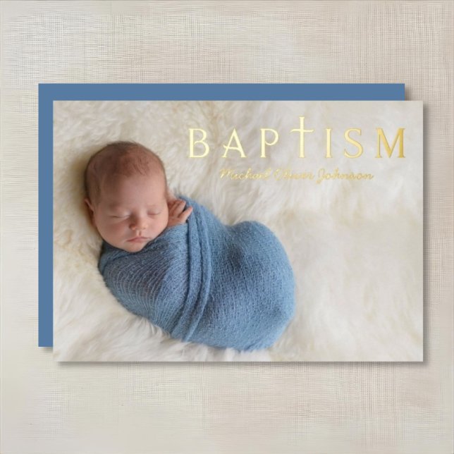 Religious Cross Boy Baptism Photo Gold (Religious Cross Boy Baptism Photo Gold Foil Invitation)