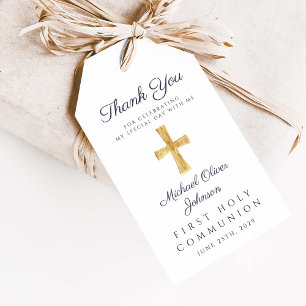 Religious Cross Boy Navy Blue First Communion Gift Tags
