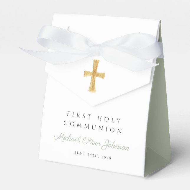 Religious Cross Boy Sage Green First Communion Favour Box (Front Side)