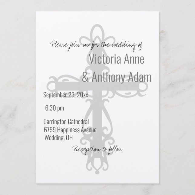 Religious Cross Christian Metallic Silver Wedding Invitation (Front)